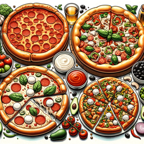 Illustrasjon av fire ulike pizzatyper på et bord